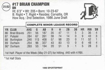 1990 SportsPrint Carolina League All-Stars #31 Brian Champion Back
