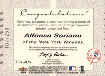 2003 Fleer Genuine - Tools of the Game Bat-Jersey #TG-AS Alfonso Soriano Back