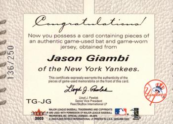 2003 Fleer Genuine - Tools of the Game Bat-Jersey #TG-JG Jason Giambi Back