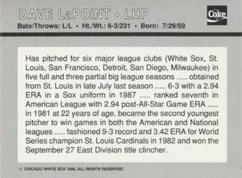 1988 Coca-Cola Chicago White Sox #NNO Dave LaPoint Back