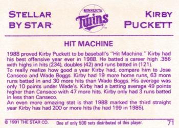 1991 Star Stellar #71 Kirby Puckett Back