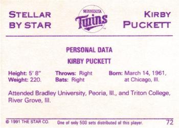 1991 Star Stellar #72 Kirby Puckett Back