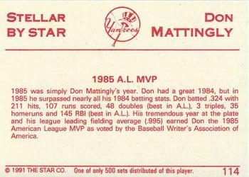 1991 Star Stellar #114 Don Mattingly Back