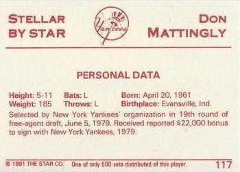 1991 Star Stellar #117 Don Mattingly Back