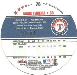 2003 Fleer Hardball - Platinum Edition #76 Mark Teixeira Back
