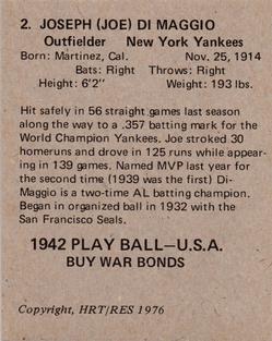 1976 HRT/RES 1942 Playball #2 Joe DiMaggio Back