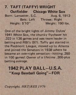 1976 HRT/RES 1942 Playball #7 Taft Wright Back