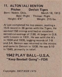 1976 HRT/RES 1942 Playball #11 Al Benton Back