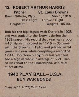 1976 HRT/RES 1942 Playball #12 Bob Harris Back