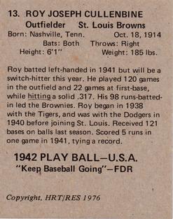 1976 HRT/RES 1942 Playball #13 Roy Cullenbine Back