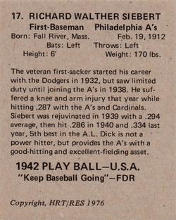 1976 HRT/RES 1942 Playball #17 Dick Siebert Back