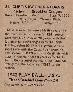 1976 HRT/RES 1942 Playball #21 Curt Davis Back