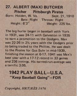 1976 HRT/RES 1942 Playball #27 Max Butcher Back