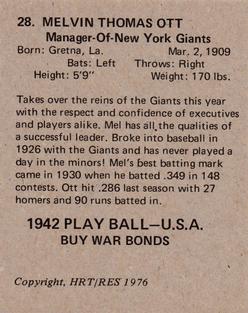 1976 HRT/RES 1942 Playball #28 Mel Ott Back