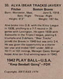 1976 HRT/RES 1942 Playball #33 Al Javery Back