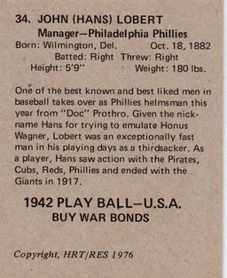 1976 HRT/RES 1942 Playball #34 Hans Lobert Back