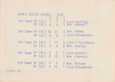 1974 TCMA 1936-1939 New York Yankee Dynasty #NNO World Champions - 1936 Back