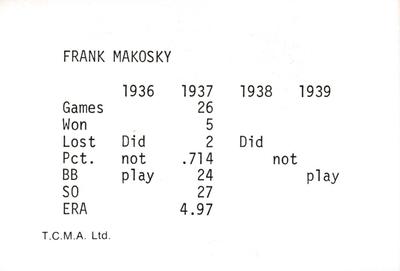 1974 TCMA 1936-1939 New York Yankee Dynasty #NNO Frank Makosky Back