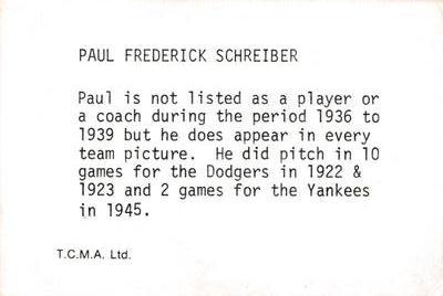 1974 TCMA 1936-1939 New York Yankee Dynasty #NNO Paul Schreiber Back