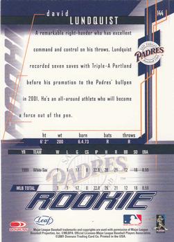 2001 Leaf Rookies & Stars #144 David Lundquist Back
