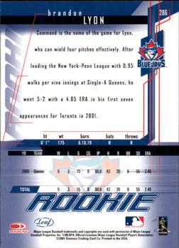 2001 Leaf Rookies & Stars #286 Brandon Lyon Back