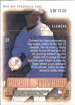 2003 Fleer Hot Prospects - Cream of the Crop #5CC Roger Clemens Back