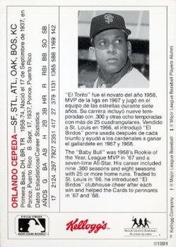 1991 Kellogg's Legends of Baseball (Spanish) #NNO Orlando Cepeda Back
