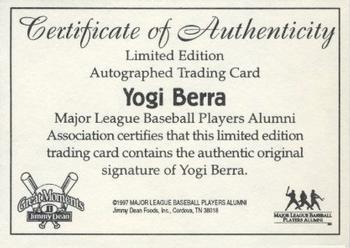 1997 Jimmy Dean Great Moments - Certificate of Authenticity #NNO Yogi Berra Front
