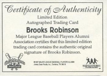 1997 Jimmy Dean Great Moments - Certificate of Authenticity #NNO Brooks Robinson Front