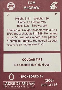 1989 Washington State Cougars #1 Tom McGraw Back