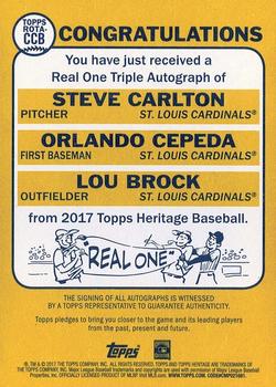 2017 Topps Heritage - Real One Triple Autographs #ROTA-CCB Steve Carlton / Orlando Cepeda / Lou Brock Back