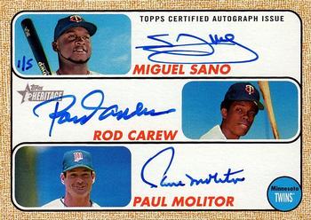 2017 Topps Heritage - Real One Triple Autographs #ROTA-SCM Miguel Sano / Paul Molitor / Rod Carew Front