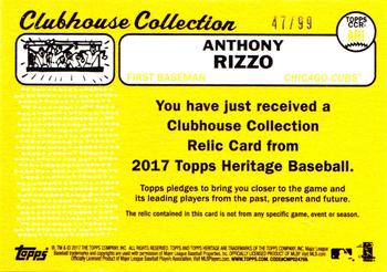 2017 Topps Heritage - Clubhouse Collection Relics Gold #CCR-ARI Anthony Rizzo Back