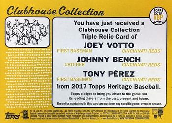 2017 Topps Heritage - Clubhouse Collection Triple Relics #CCTR-VBP Johnny Bench / Joey Votto / Tony Perez Back