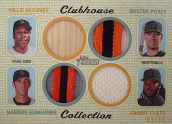 2017 Topps Heritage - Clubhouse Collection Quad Relics #CCQR-MPBC Madison Bumgarner / Johnny Cueto / Willie McCovey / Buster Posey Front
