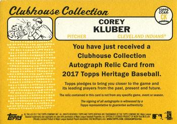 2017 Topps Heritage - Clubhouse Collection Autographed Relics #CCAR-CK Corey Kluber Back