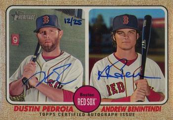 2017 Topps Heritage - Clubhouse Collection Dual Autographed Relics #CCDAR-PB Andrew Benintendi / Dustin Pedroia Front