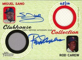 2017 Topps Heritage - Clubhouse Collection Dual Autographed Relics #CCDAR-SC Miguel Sano / Rod Carew Front