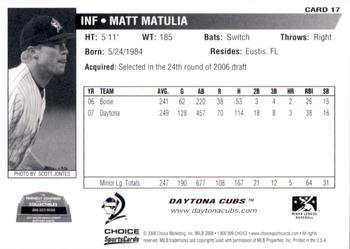 2008 Choice Daytona Cubs #17 Matt Matulia Back