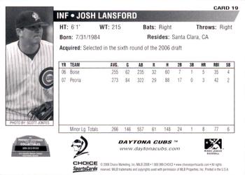 2008 Choice Daytona Cubs #19 Josh Lansford Back