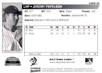 2008 Choice Daytona Cubs #20 Jeremy Papelbon Back