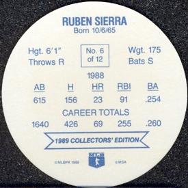 1989 Bimbo Super Stars Discs #6 Ruben Sierra Back