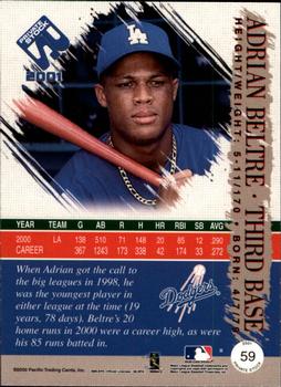 2001 Pacific Private Stock #59 Adrian Beltre Back