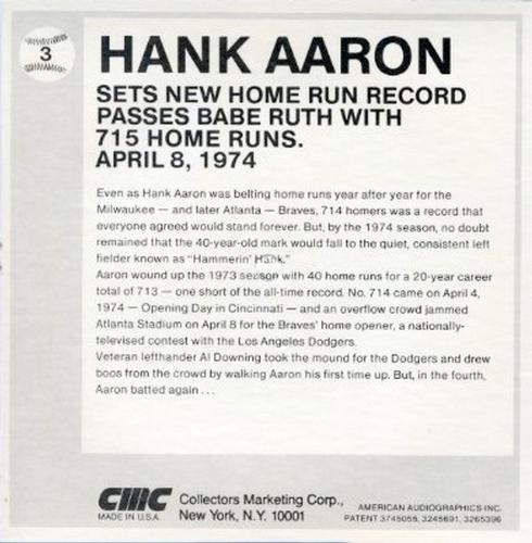 1979 CMC Talking Baseball Cards #3 Hank Aaron Back