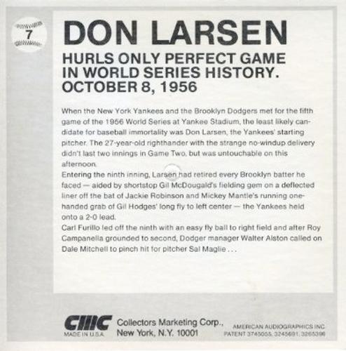 1979 CMC Talking Baseball Cards #7 Don Larsen Back