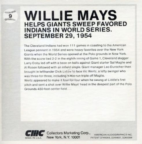 1979 CMC Talking Baseball Cards #9 Willie Mays Back
