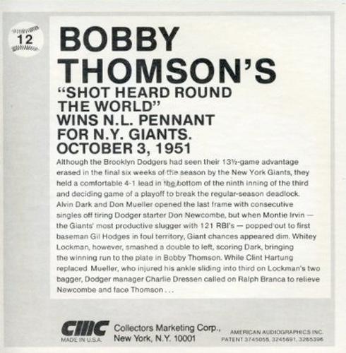 1979 CMC Talking Baseball Cards #12 Bobby Thomson Back