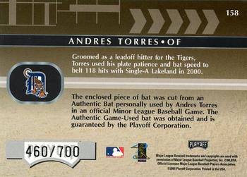 2001 Playoff Absolute Memorabilia #158 Andres Torres Back