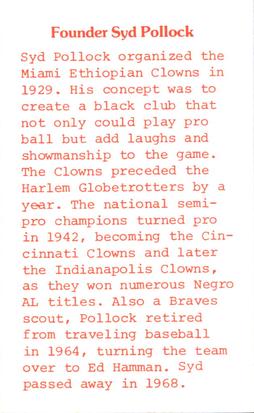 1976 Laughlin Indianapolis Clowns #6 Syd Pollock Back