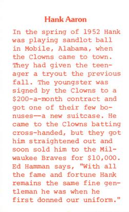 1976 Laughlin Indianapolis Clowns #34 Hank Aaron Back